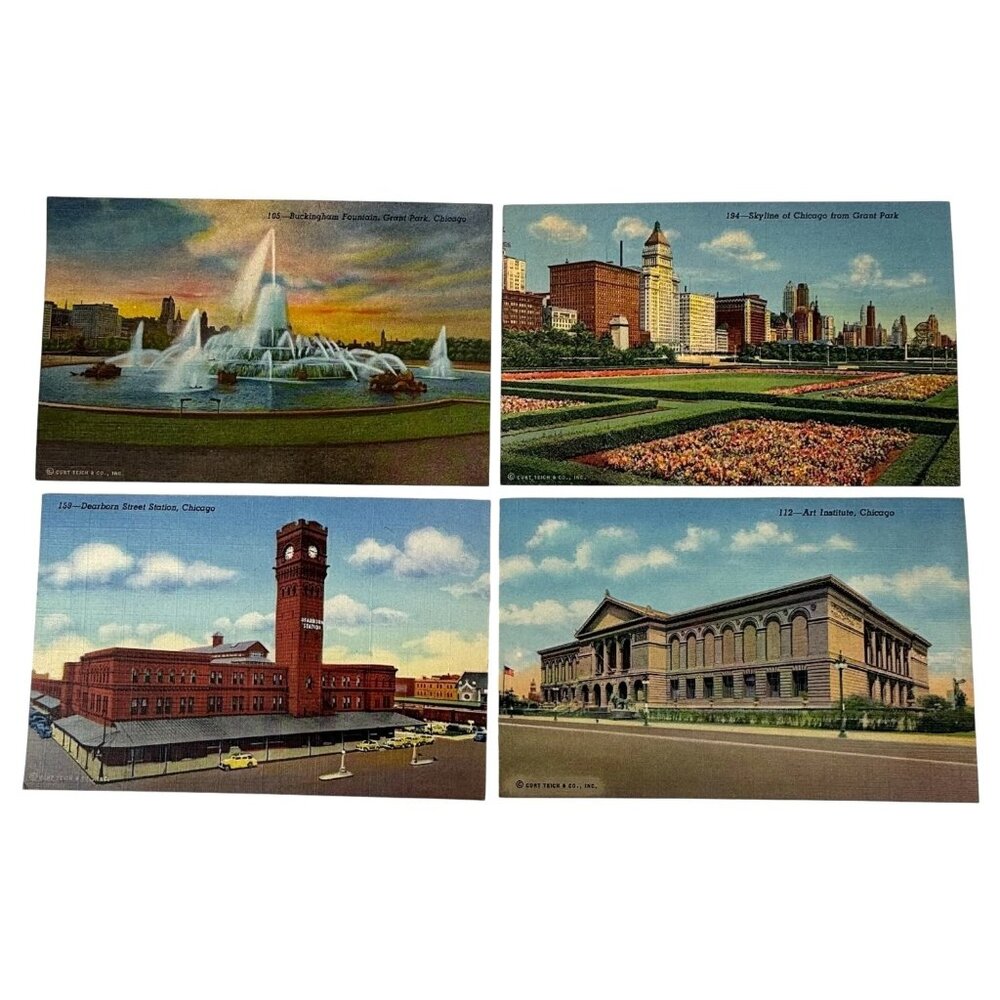 VTG Linen Curteich Chicago Postcard Lot Of 4 Grant Park Dearborn Station Skyline